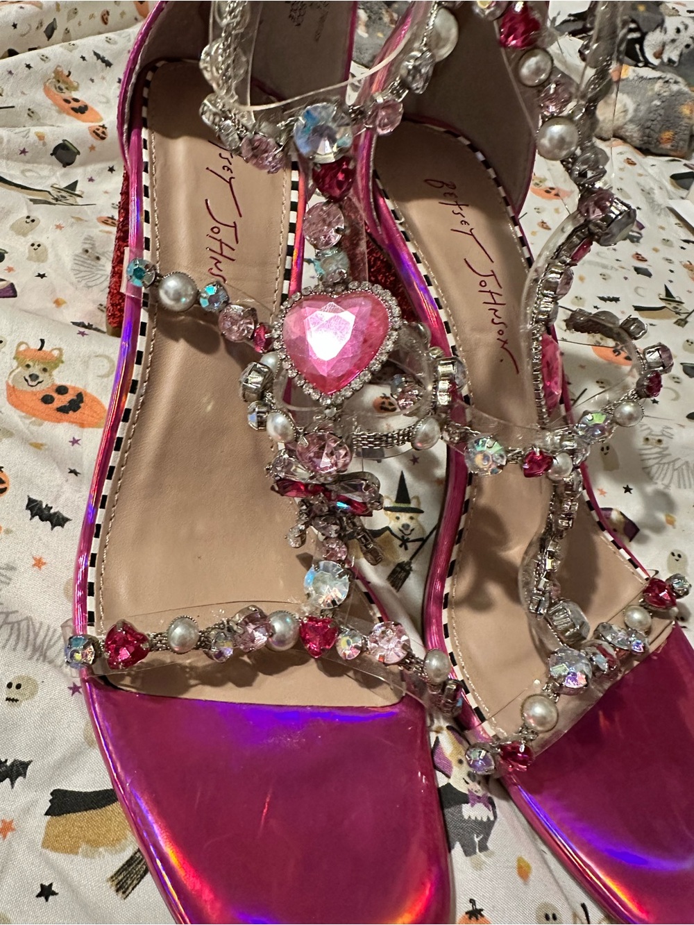 Betsey Johnson Astrid Pink Jeweled T-Strap Block Heel Sandals - Picture 9 of 10